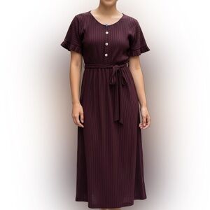 “Burgundy Ribbed Midi Dress w/ Belt – Size L, Short Sleeve Button Front”